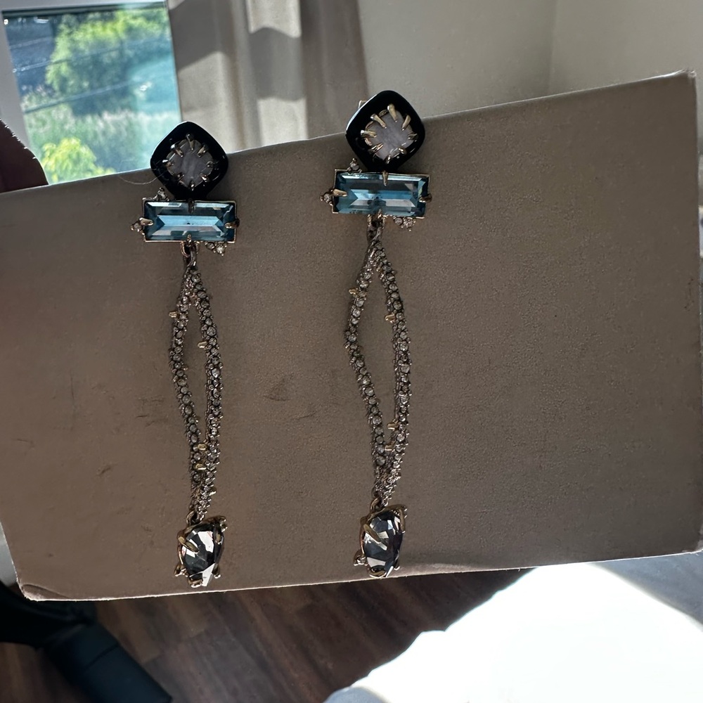 Alexis Bittar Elegant Silver, Blue and Crystal Dangle Earrings